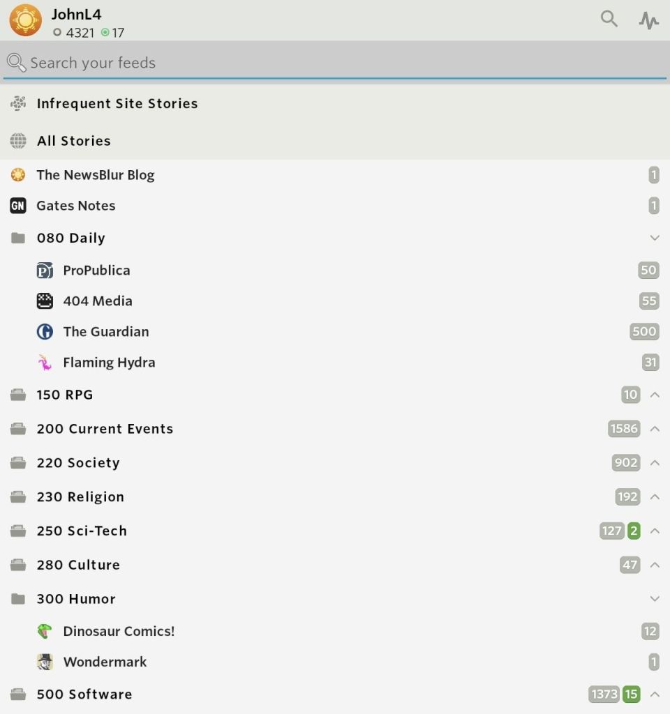 Screenshot of Newsblur on my Android tablet showing folder structure.
